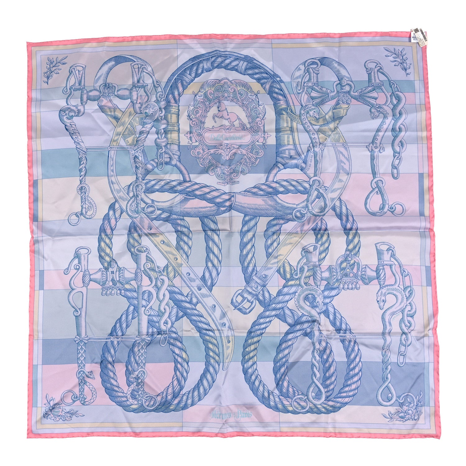 Hermes Silk Double Face Della Cavalleria Fine Scarf 90 Rose Bonbon Bleu Jaune 4 of 4