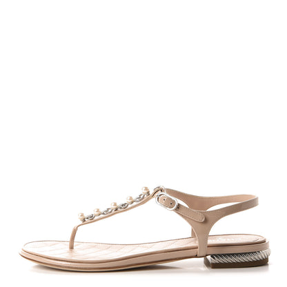 Chanel Patent Pearl CC Thong Sandals 36.5 Beige 1 of 12