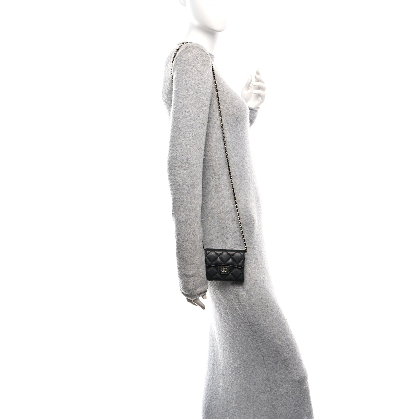 Caviar Quilted Flap Card Holder On Chain Black