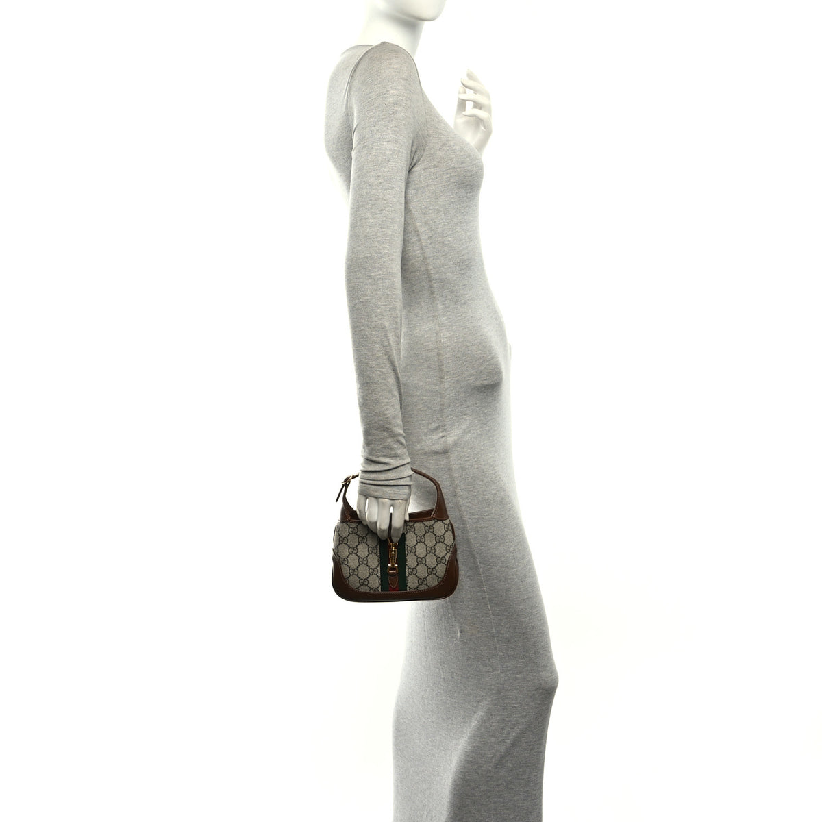GG Supreme Monogram Azalea Calfskin Web Mini Jackie 1961 Hobo Beige Ebony Brown Sugar