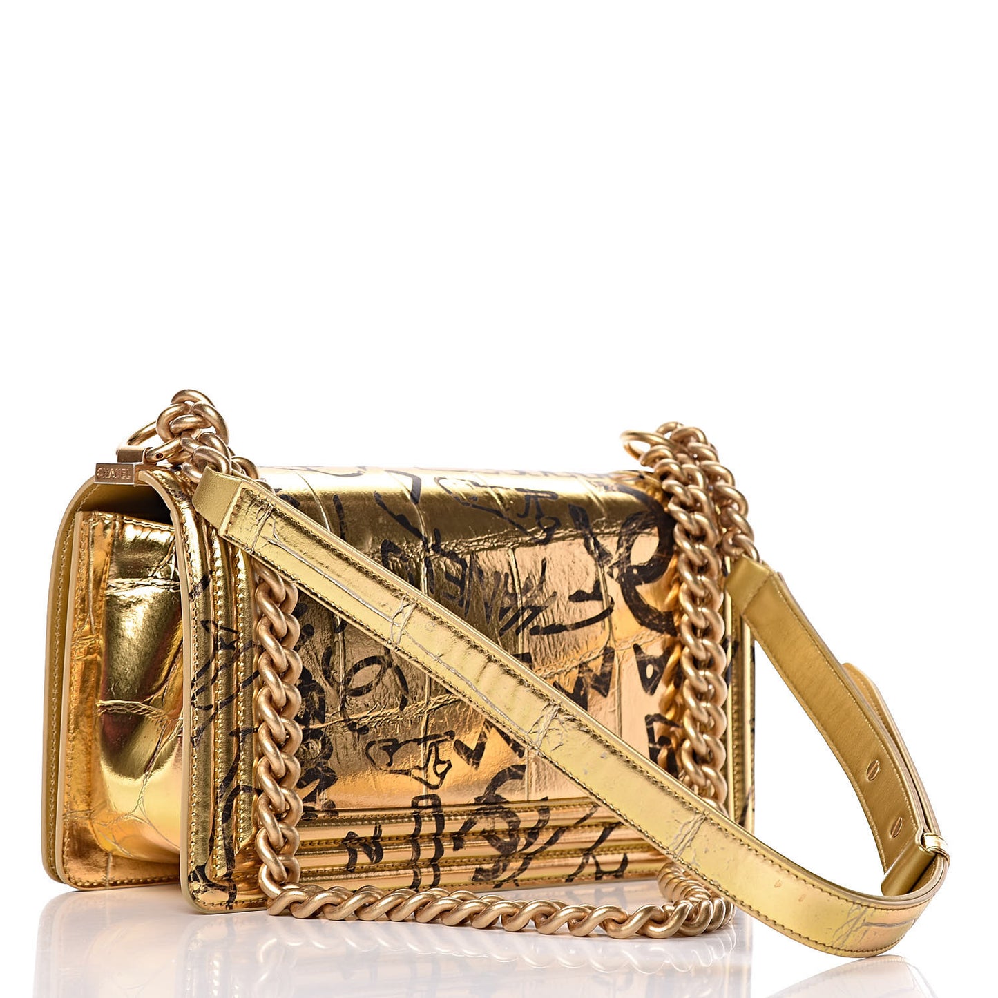 Metallic Calfskin Crocodile Embossed Graffiti Medium Cocodile Boy Flap Gold