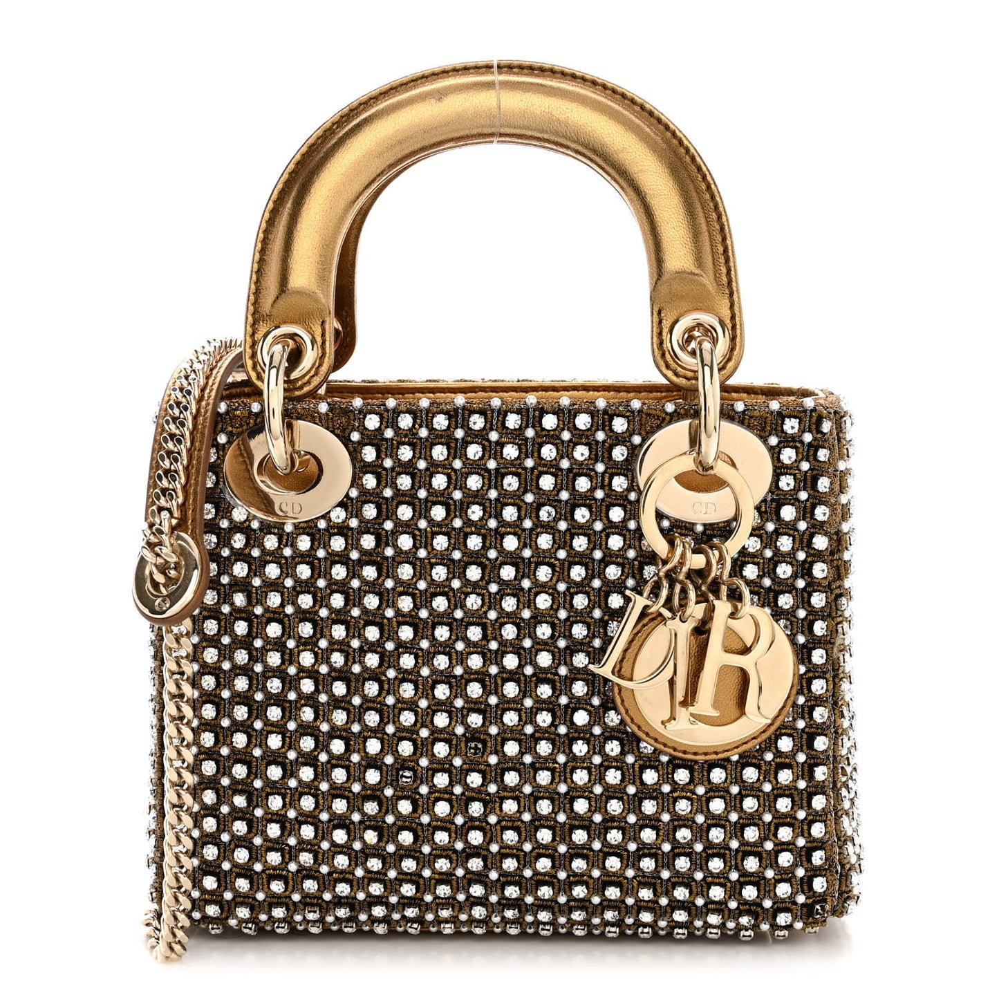 Metallic Calfskin Crystal Mini Lady Dior Gold