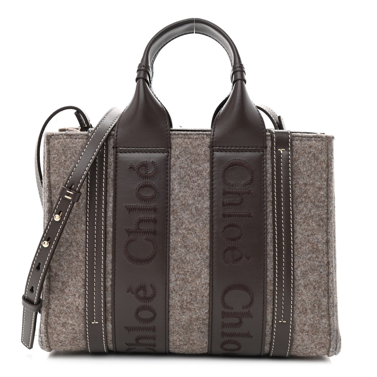 Felt Calfskin Small Woody Ribbon Tote With Strap Deep Beige