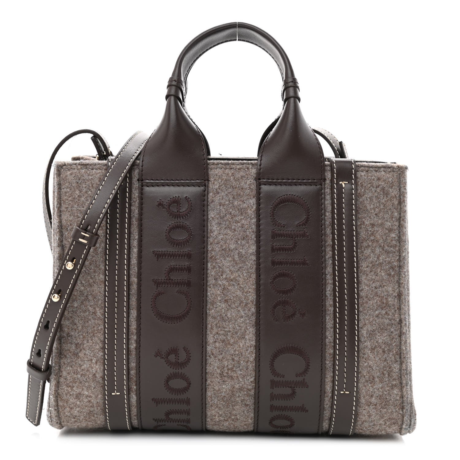 Chloe Felt Calfskin Small Woody Ribbon Tote With Strap Deep Beige 1 of 12