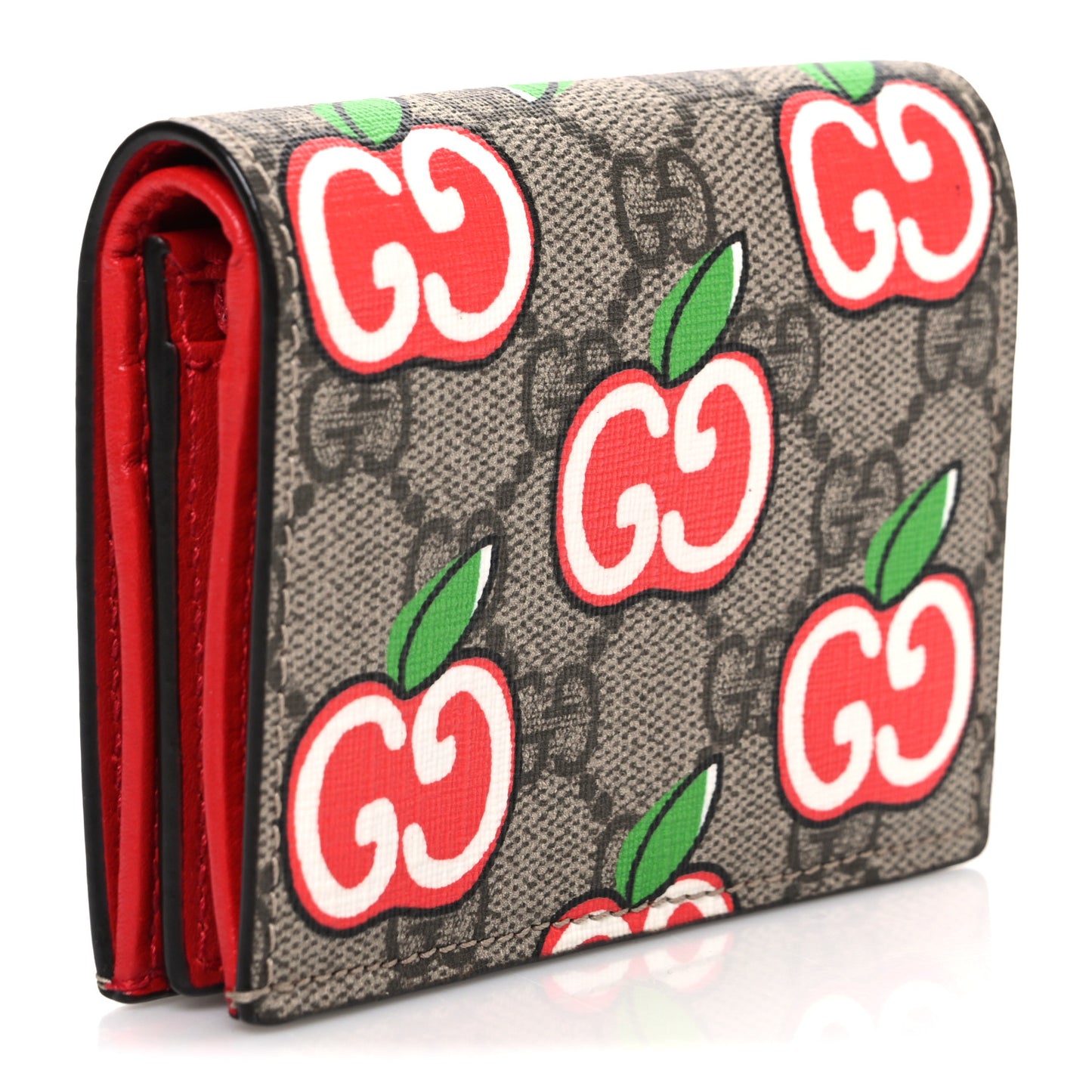 GG Supreme Monogram Apple Card Case Wallet Beige Multicolor Lobster Red