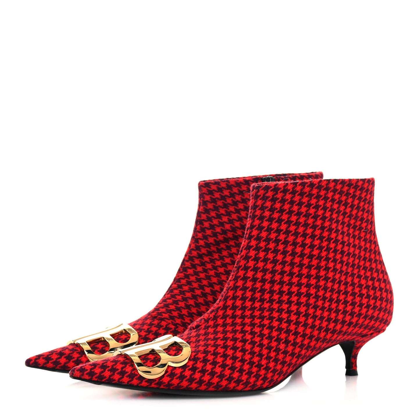 Wool Houndstooth BB Pointy Toe Ankle Booties 39 Red Black Gold