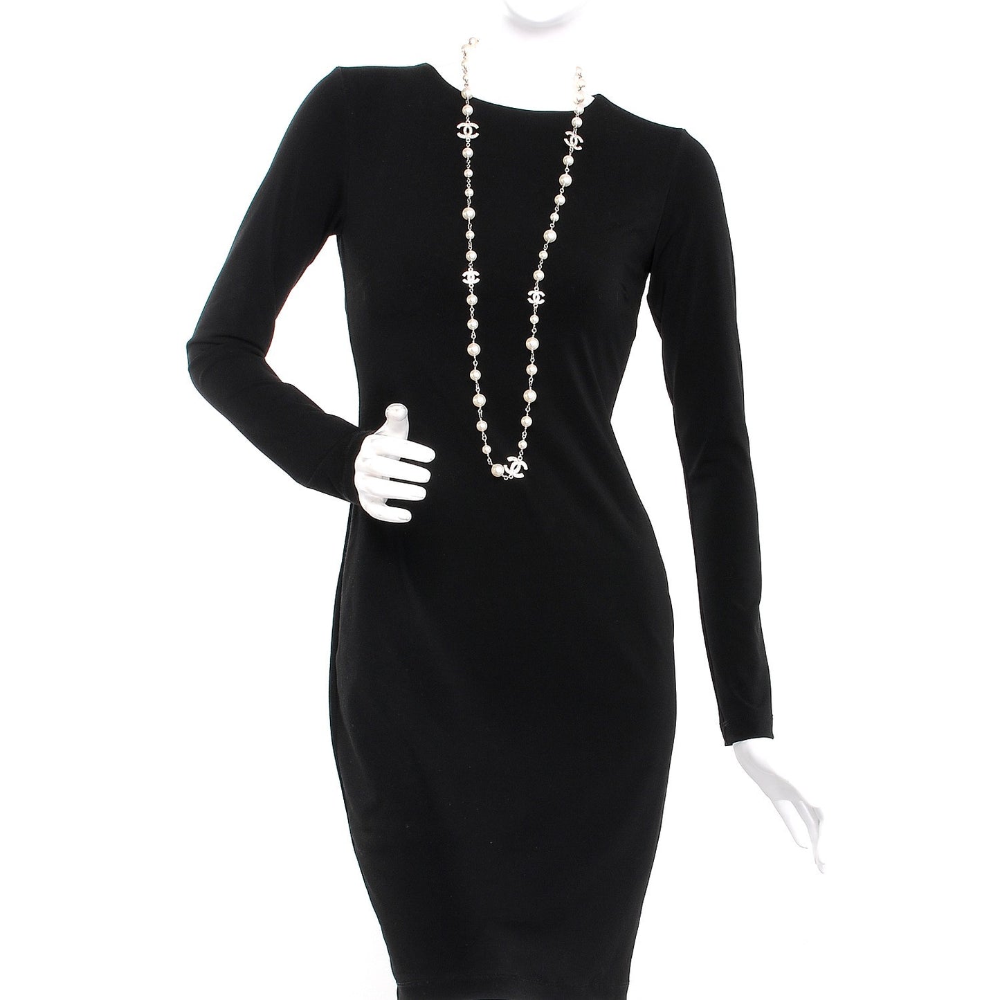 Crystal Pearl CC Long Necklace Silver