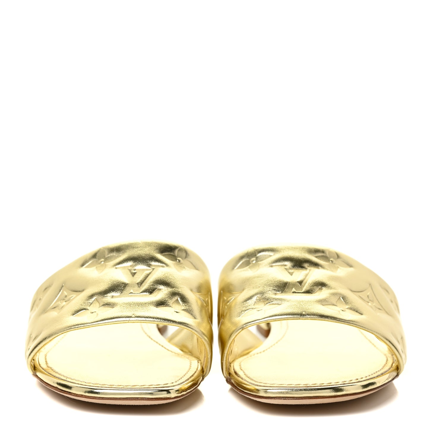 Metallic Lambskin Embossed Monogram Revival Flat Mules 37 Gold
