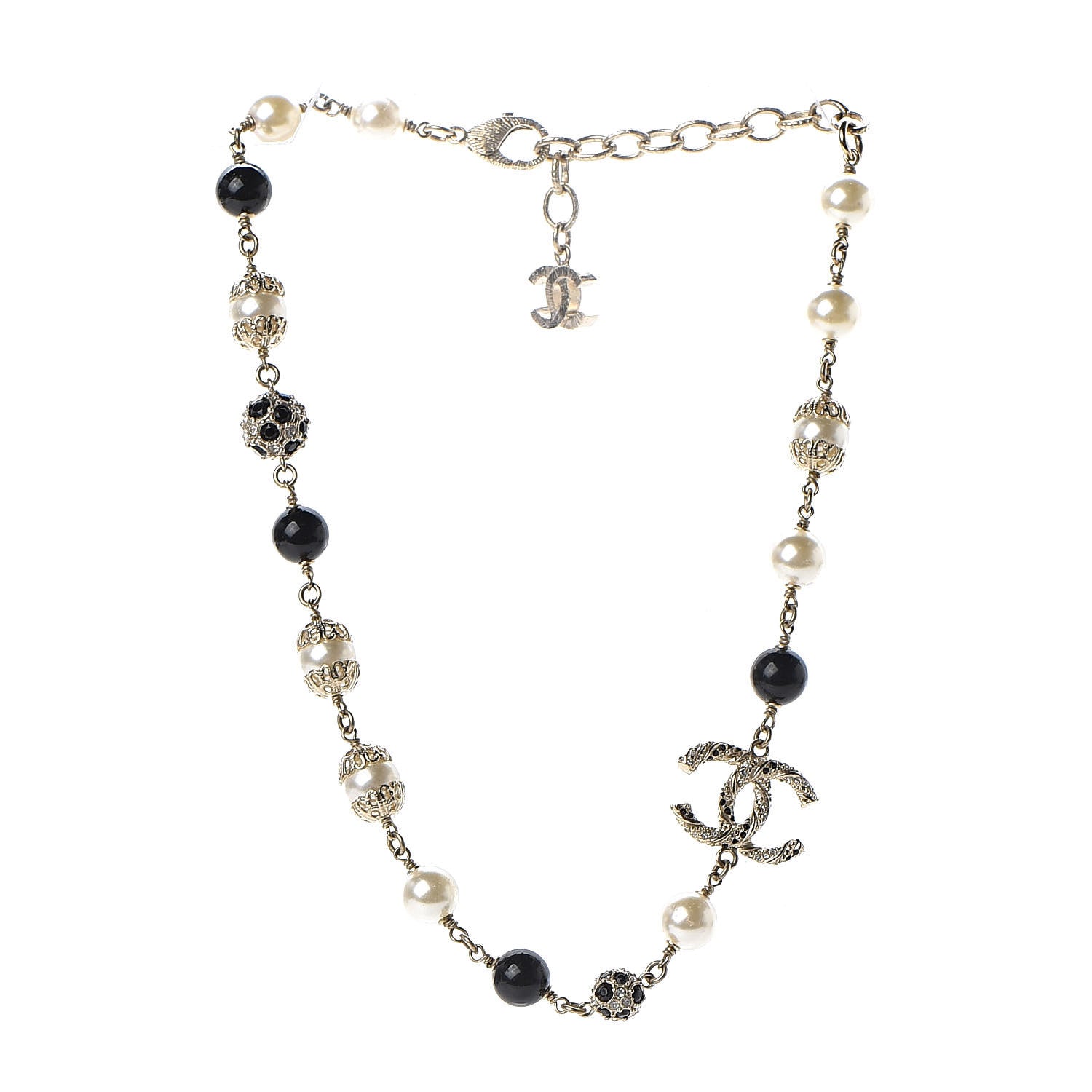 Chanel Crystal Pearl Beaded CC Short Necklace Gold Black 3 of 4