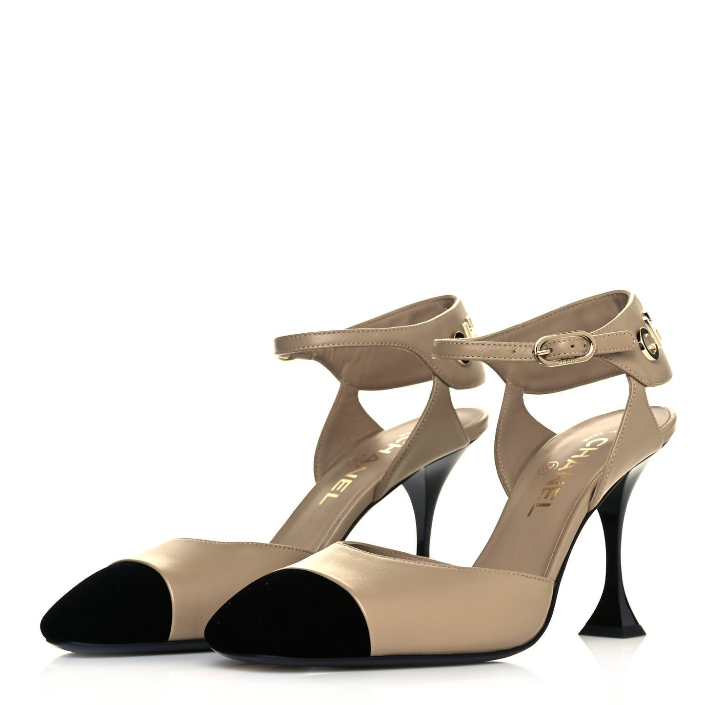 Lambskin Velvet Cap Toe Logo Pumps 38 Beige Black