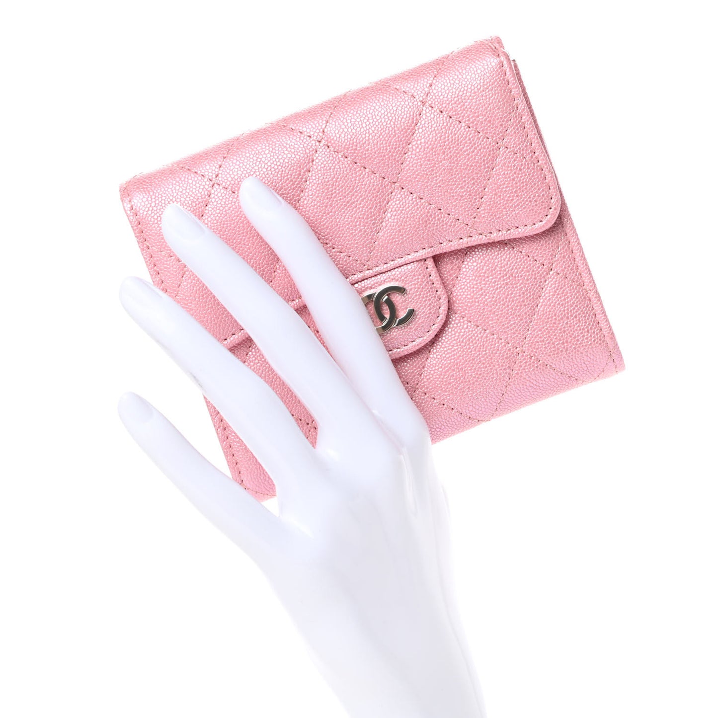 Iridescent Caviar Quilted Compact Flap Wallet Pink