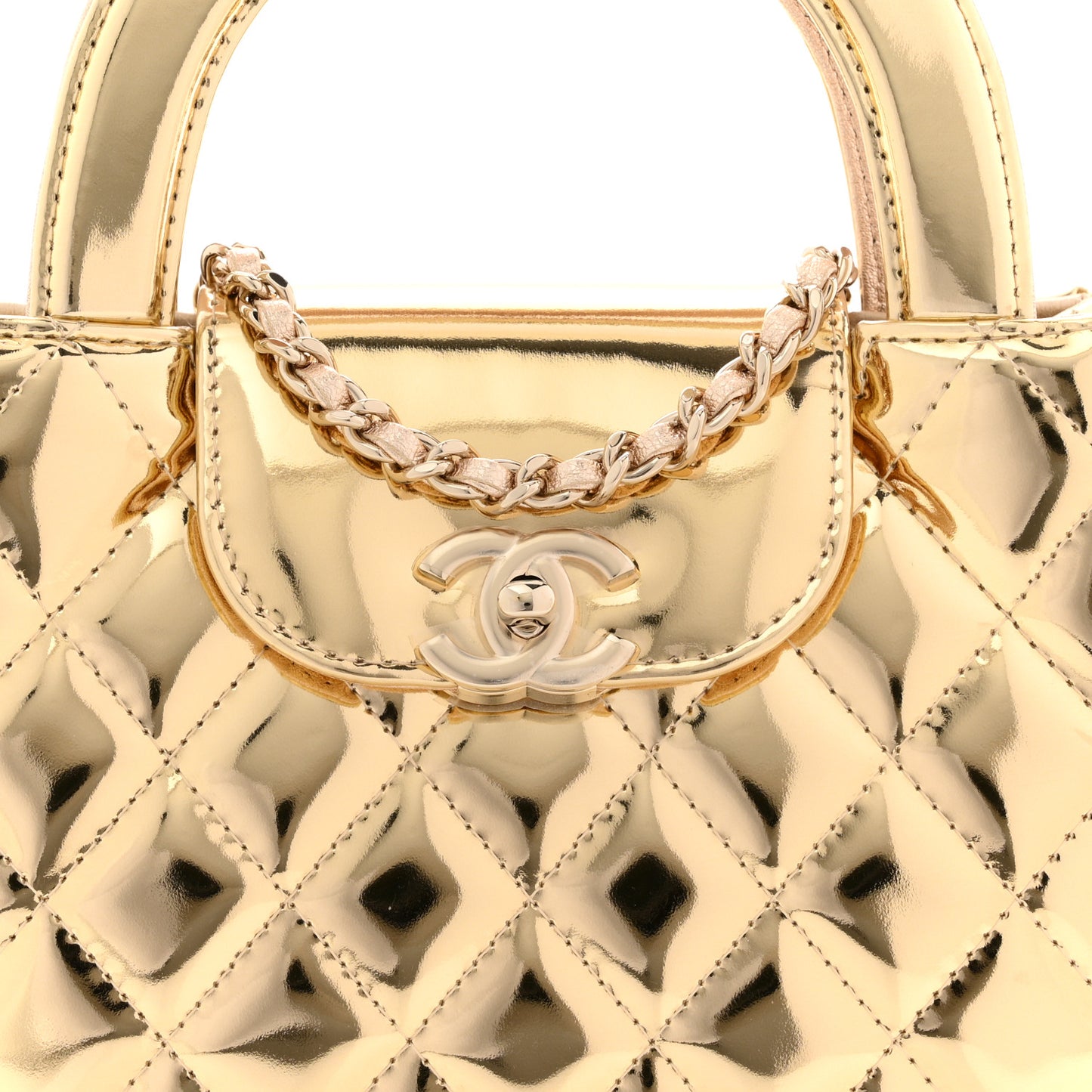 Mirror Calfskin Metallic Calfskin Quilted Nano Kelly Shopper Gold