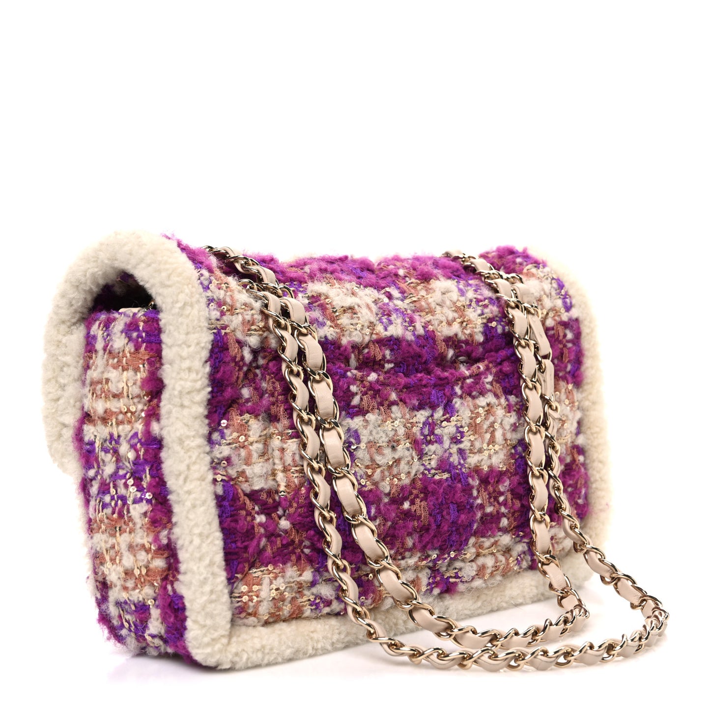 Tweed Shearling Large Flap Bag Purple Beige