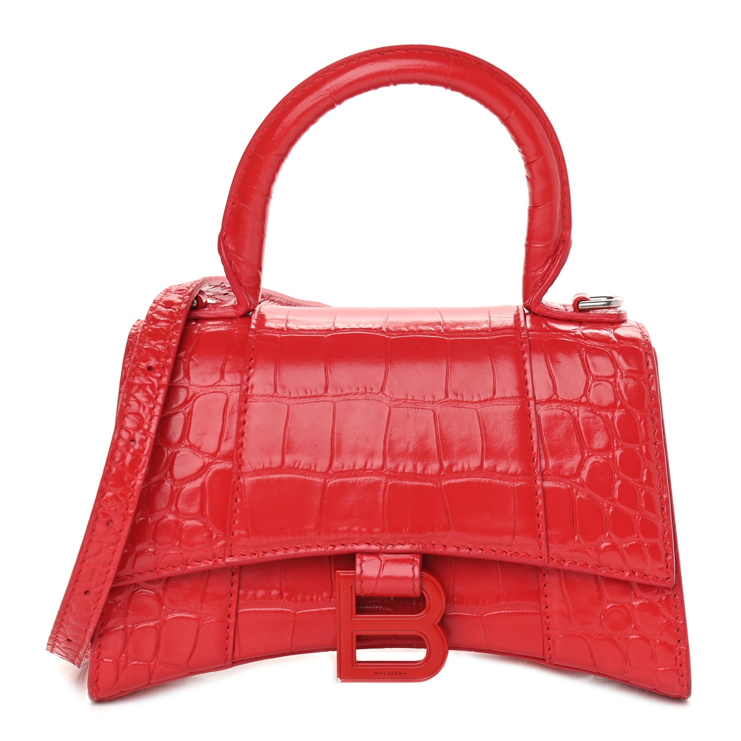 Shiny Calfskin Tonal B Crocodile Embossed Hourglass Top Handle Bag XS Bright Red