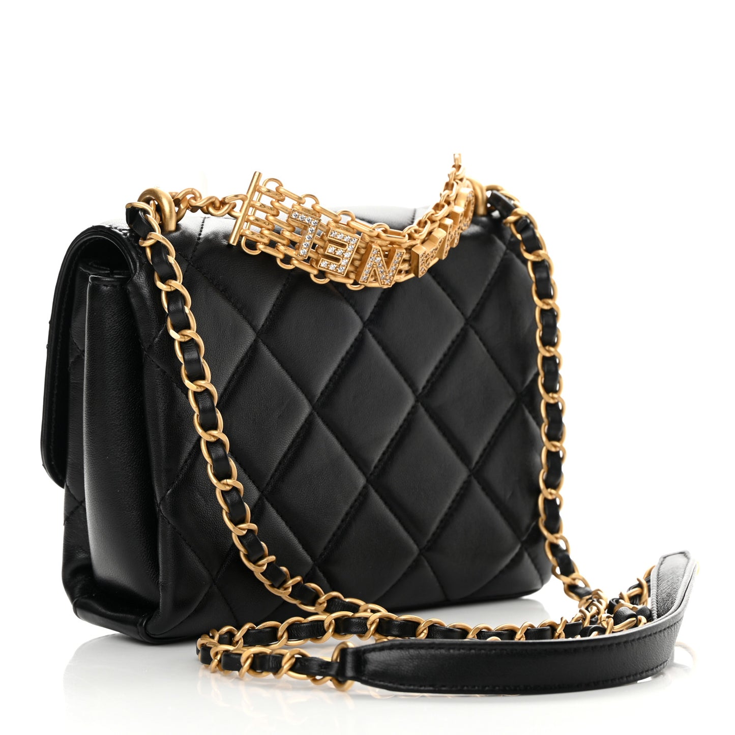 Lambskin Quilted Mini CC Crystal Logo Chain Flap Black