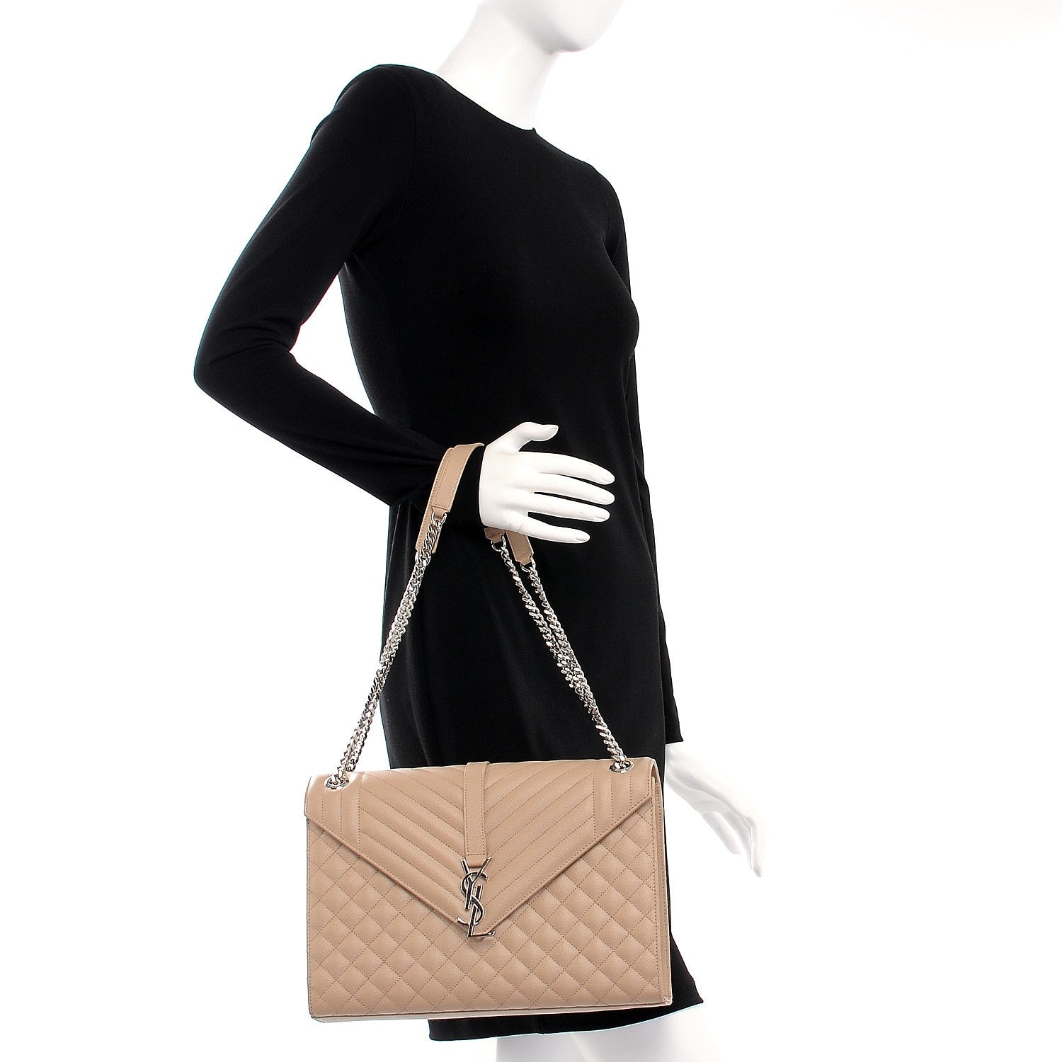 Saint Laurent Grain De Poudre Large Triquilt Monogram Satchel Dark Beige 2 of 7