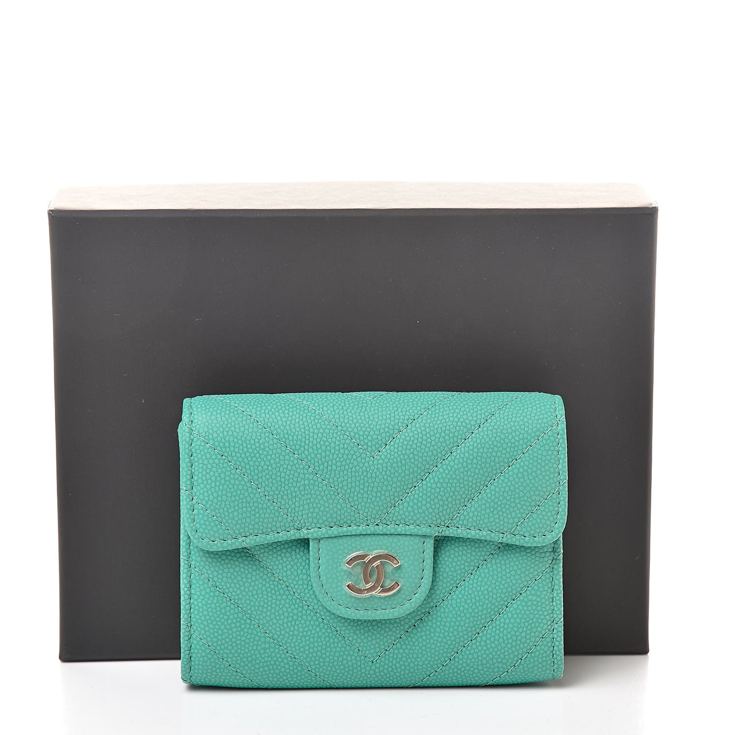 Caviar Chevron Quilted Card Holder Wallet Green