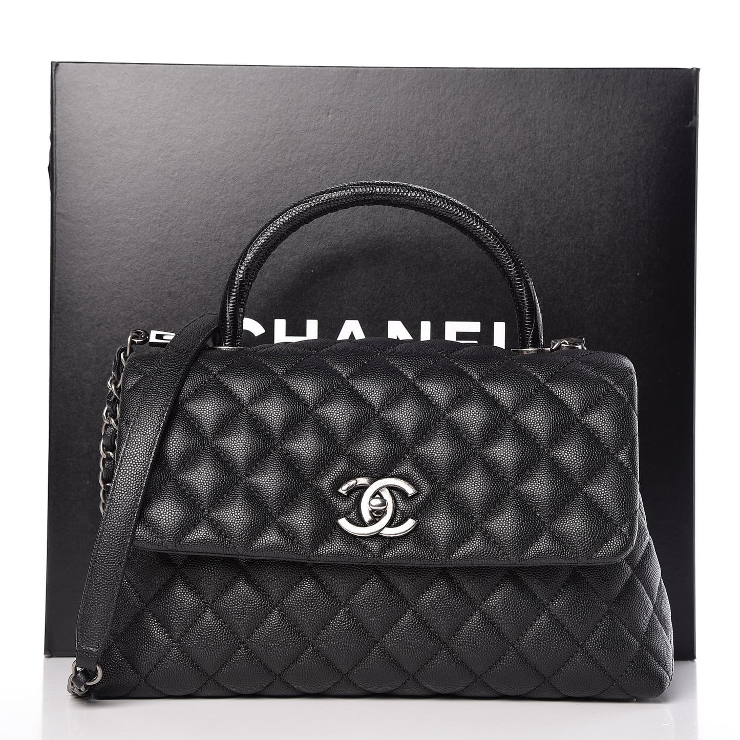Caviar Lizard Quilted Small Coco Handle Flap Black