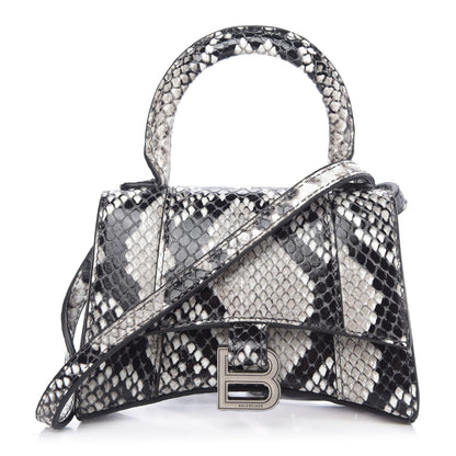 Balenciaga Shiny Calfskin Python Effect Hourglass Top Handle Bag Mini Black White 1 of 9