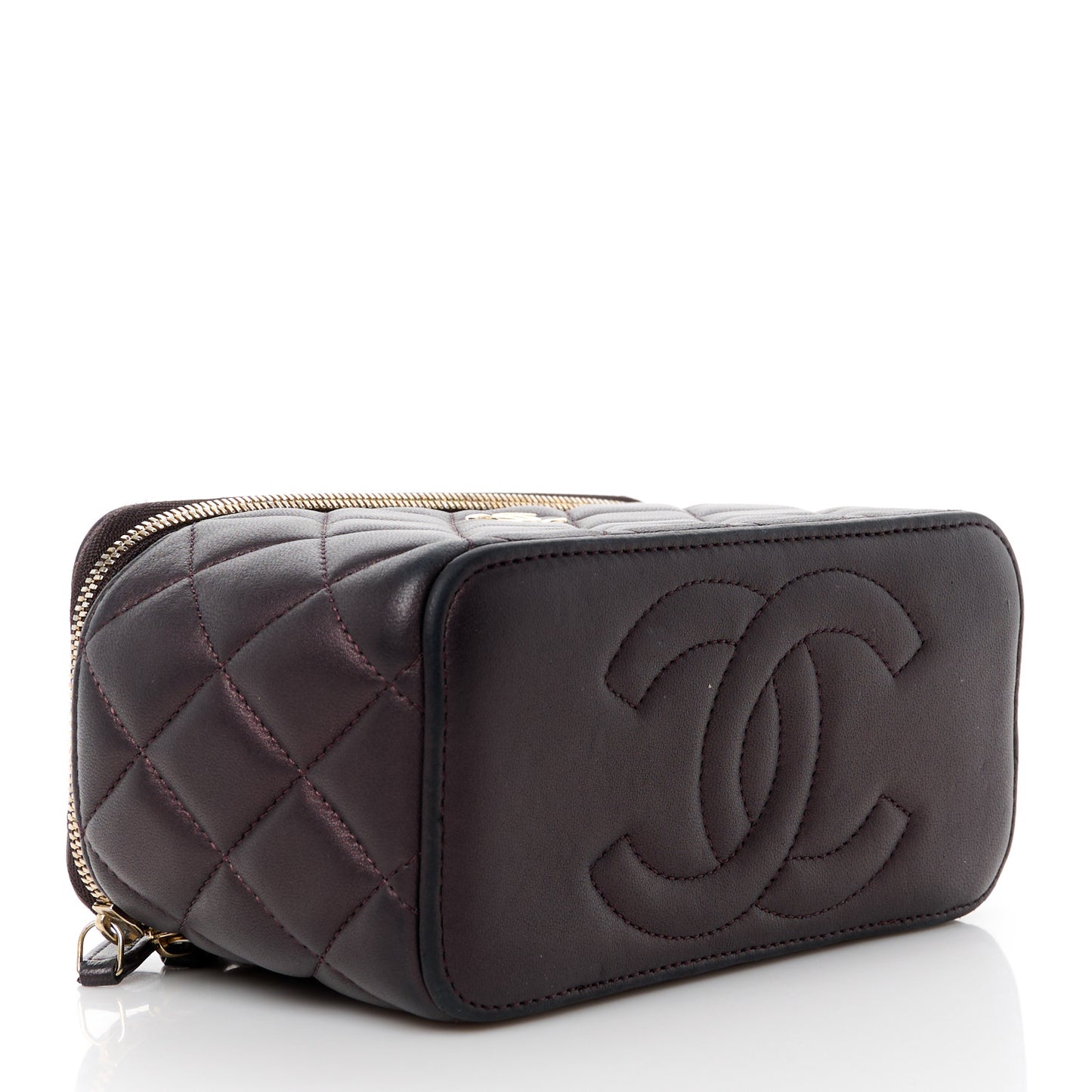 Iridescent Lambskin Quilted Small Top Handle Vanity Case With Chain Burgundy