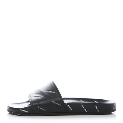 Balenciaga Nappa Allover Logo Embossed Mens Pool Slide Sandals 43 Black White 1 of 9