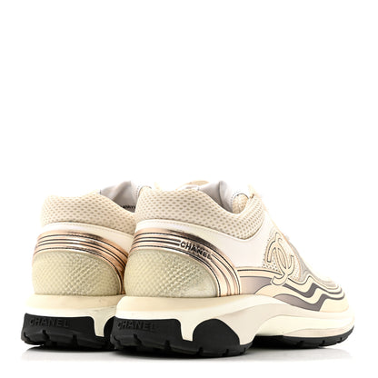 Chanel Fabric Laminated Calfskin Stretch CC Sneakers 37 Ivory White Silver 5 of 14