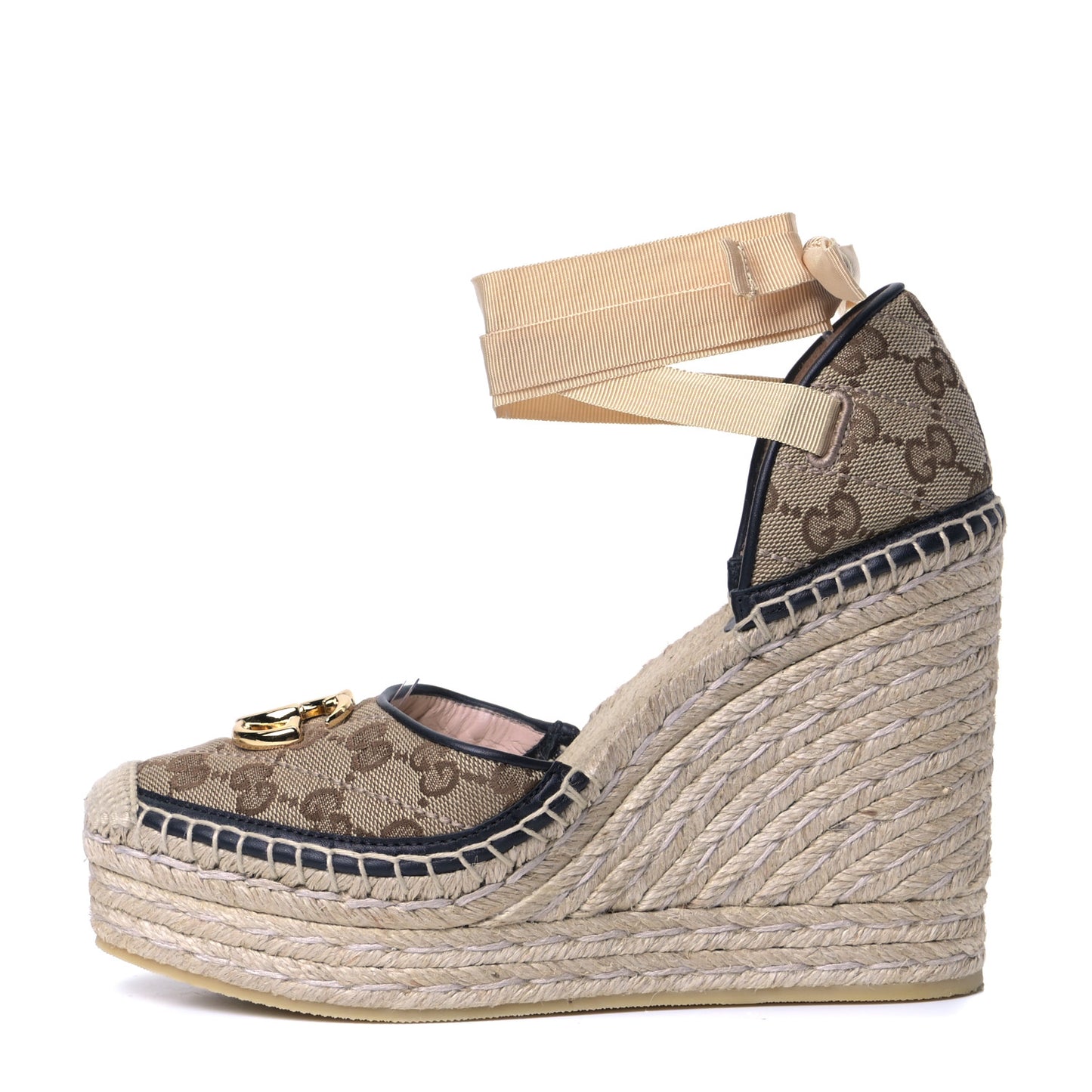 Monogram Matelasse GG Marmont Ankle Wrap Platform 35/120mm Espadrille Wedges 38.5 Beige Ebony Black Sand Storm
