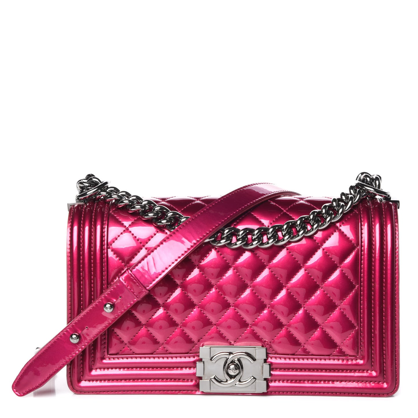 Metallic Patent Calfskin Quilted Medium Boy Flap Pink