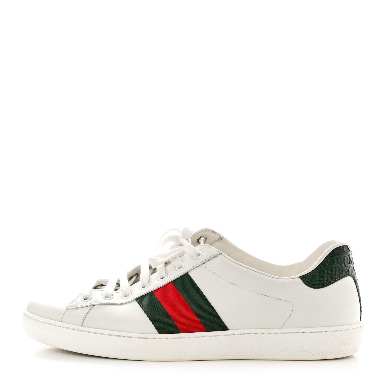 Gucci Calfskin Crocodile Web Mens Ace Sneakers 10.5 White Green 1 of 12