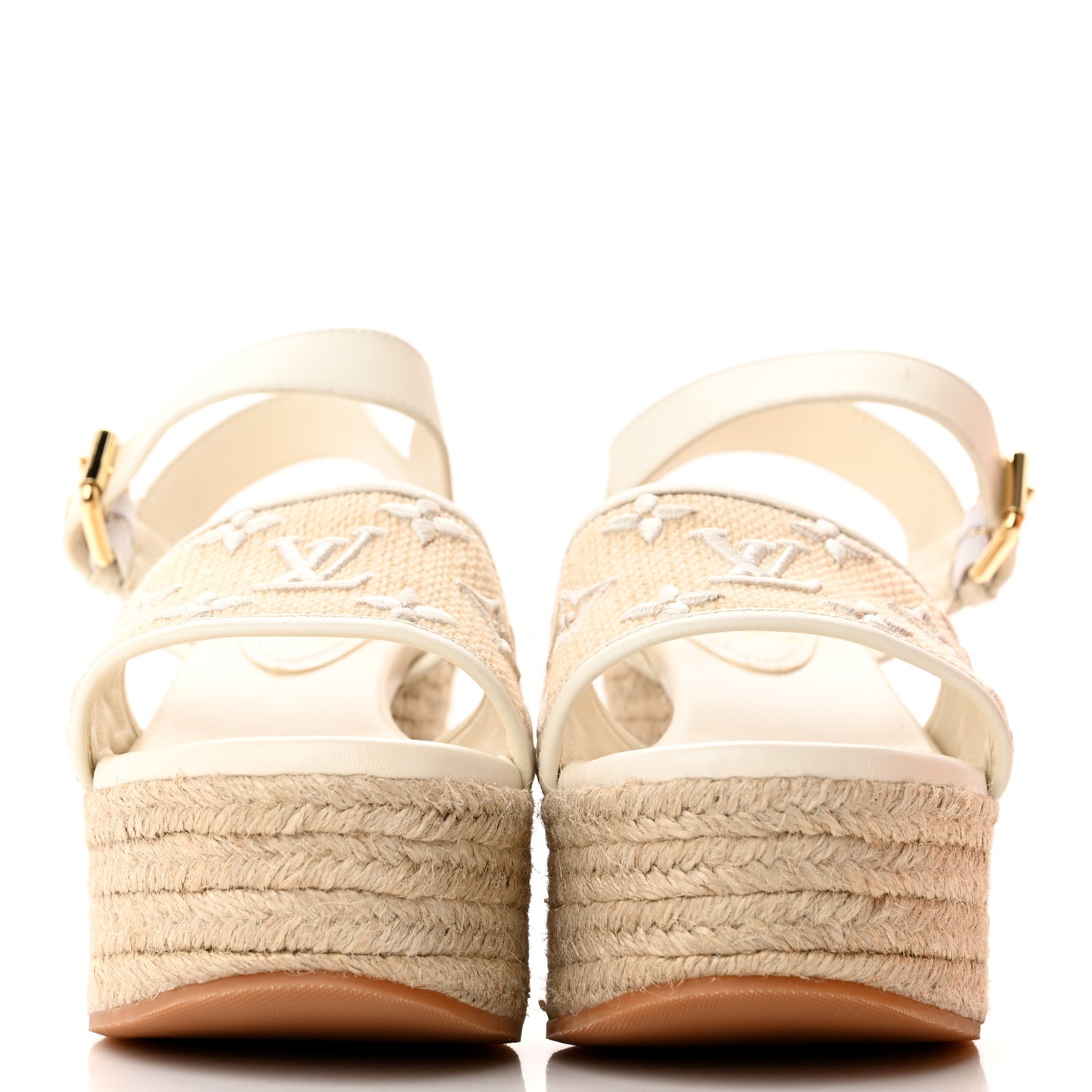 Cotton Monogram Embroidered Starboard Wedge Espadrilles 39 Beige White