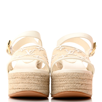 Louis Vuitton Cotton Monogram Embroidered Starboard Wedge Espadrilles 39 Beige White 2 of 13