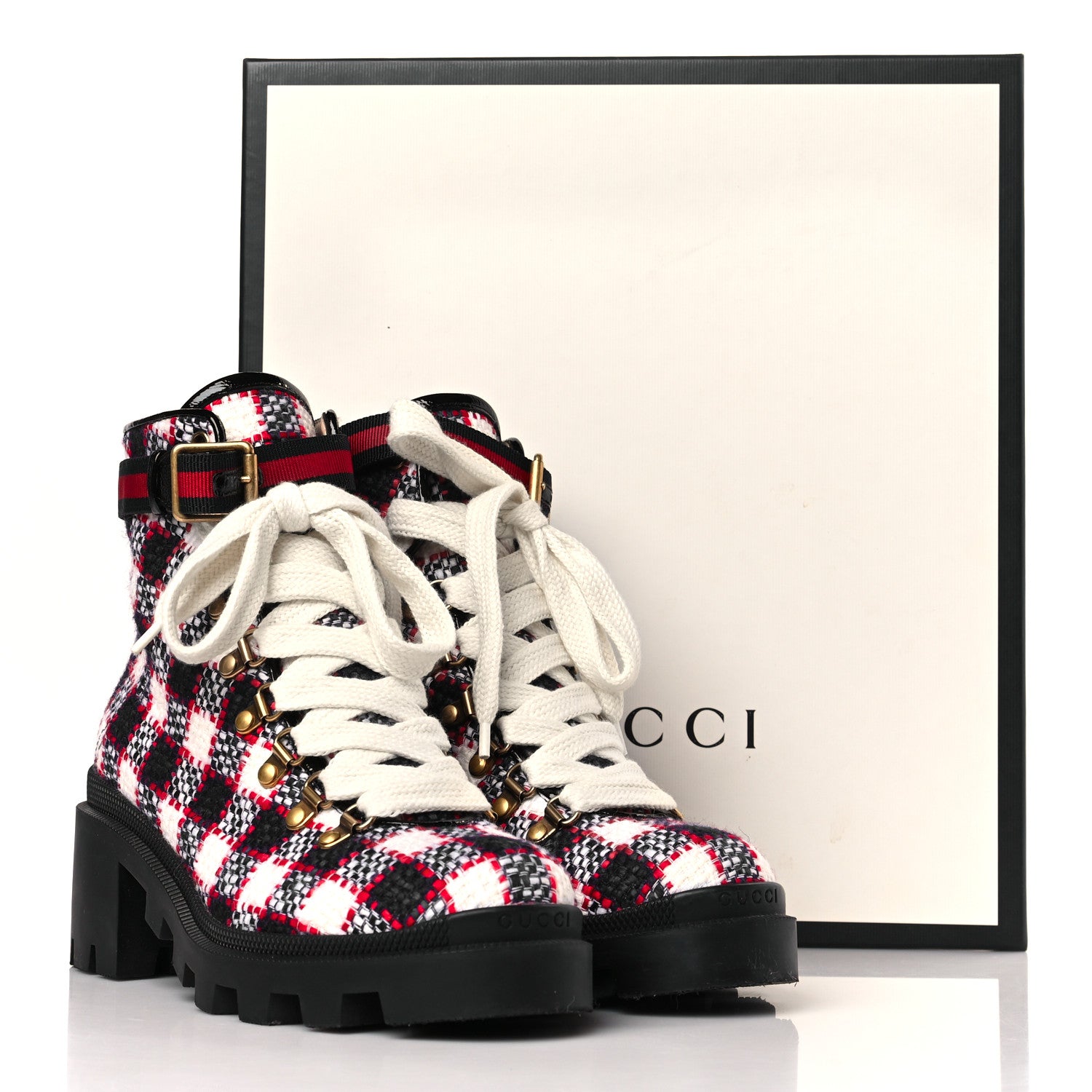 Gucci Vintage Tweed Check Lace Up Combat Ankle Boots 38 White Hibiscus Red Marine 8 of 8