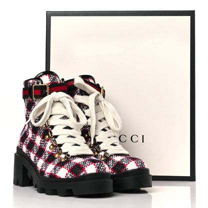Gucci Vintage Tweed Check Lace Up Combat Ankle Boots 38 White Hibiscus Red Marine 8 of 8