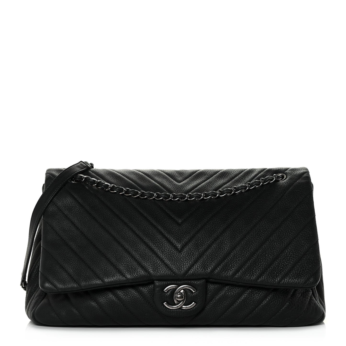 Calfskin Chevron Quilted XXL Travel Flap Bag Black
