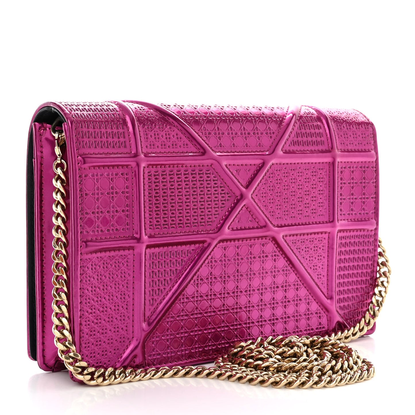 Metallic Patent Micro-Cannage Diorama Wallet on Chain Pouch Fuchsia