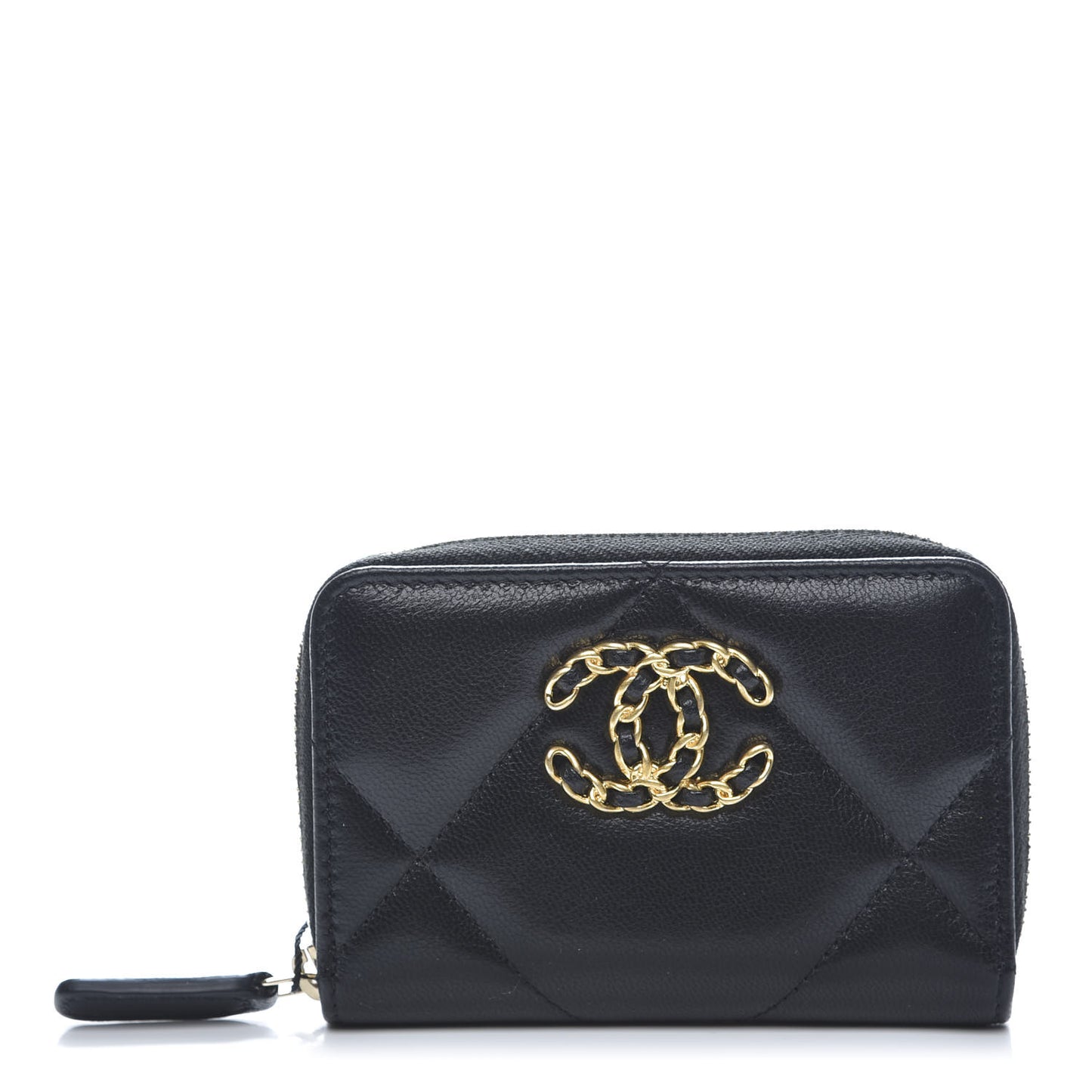 Lambskin Quilted Chanel 19 Zip Around Coin Purse Wallet Black