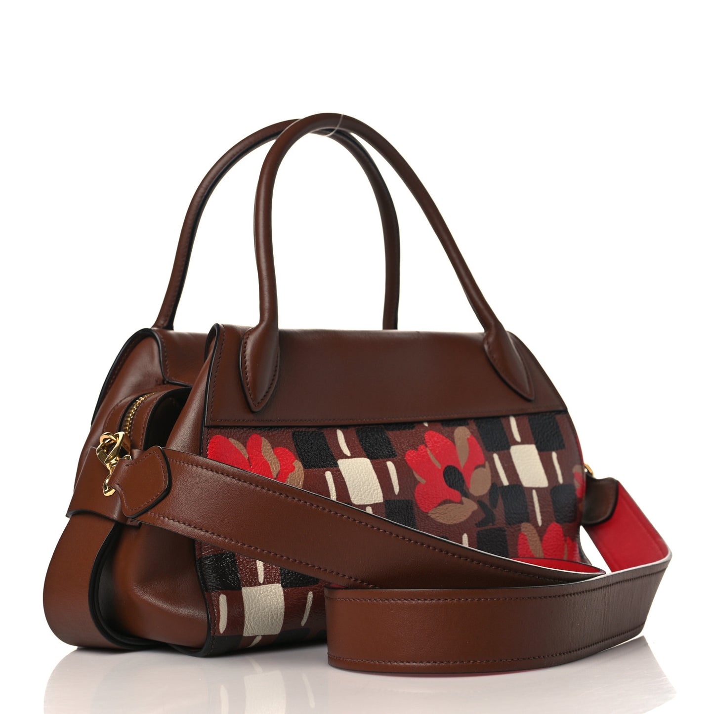 Goatskin Floral Print Bibliotheque Top Handle Tabacco