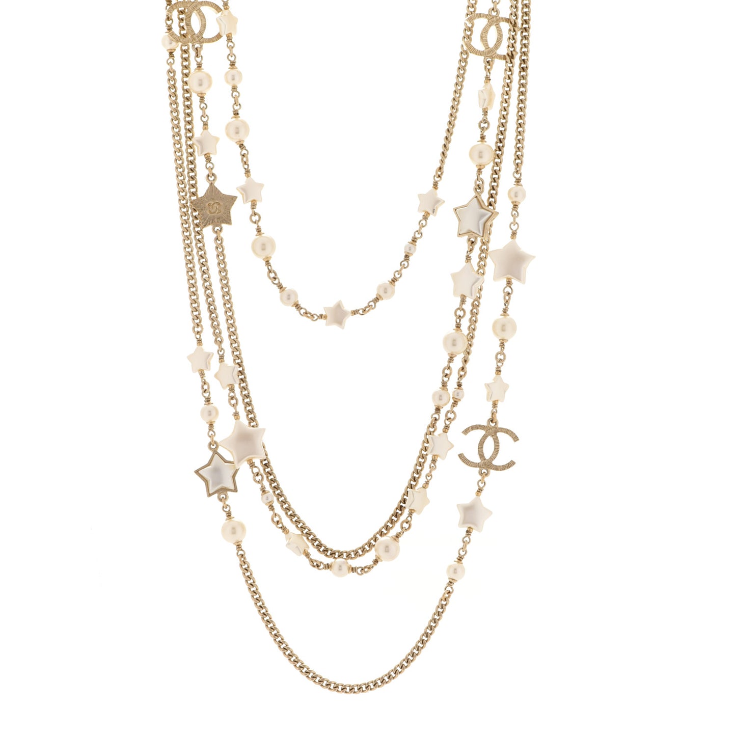 Metal Resin Pearl Star CC Multi Strand Necklace Gold
