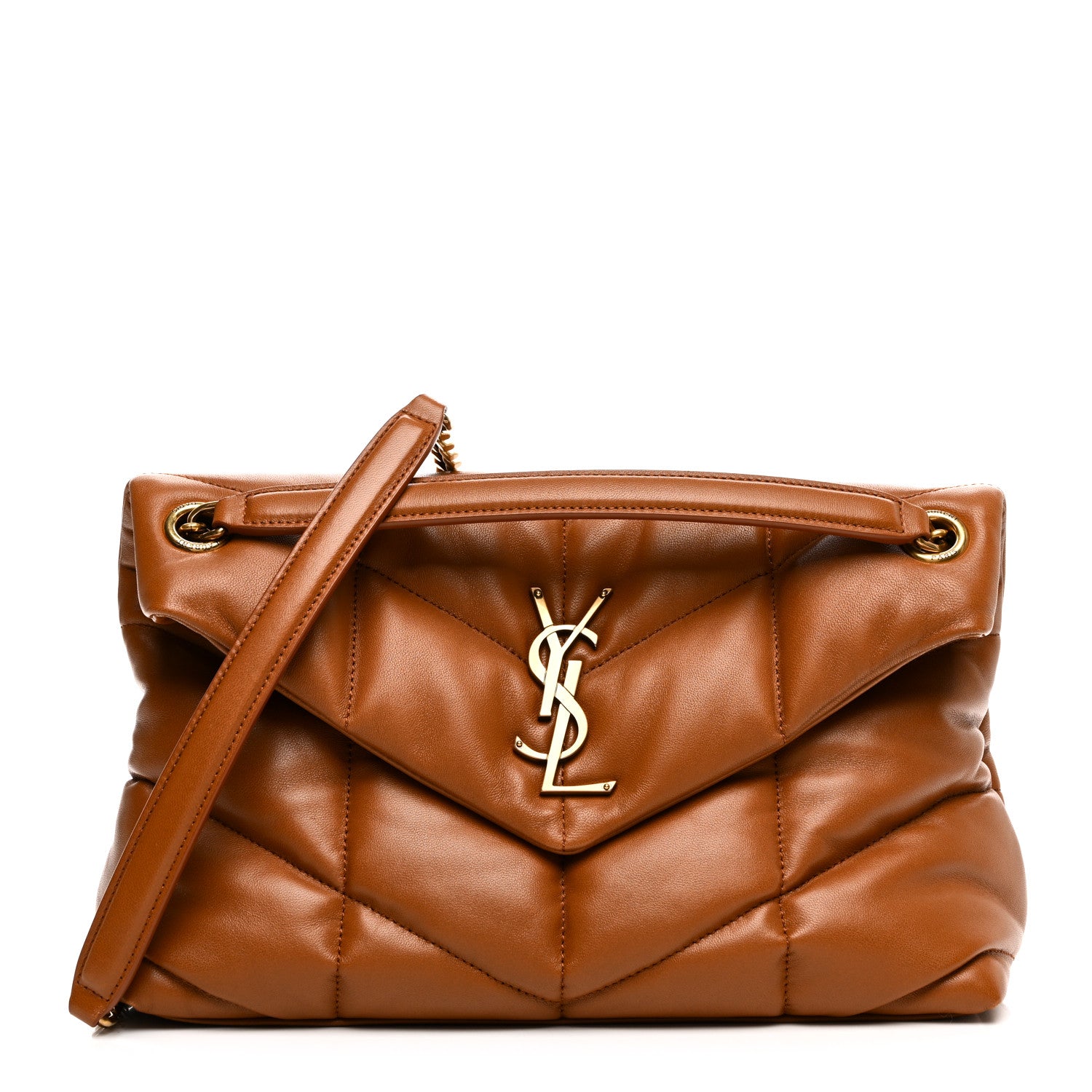 Saint Laurent Lambskin Quilted Small Loulou Puffer Monogram Chain Satchel Dark Honey 1 of 10