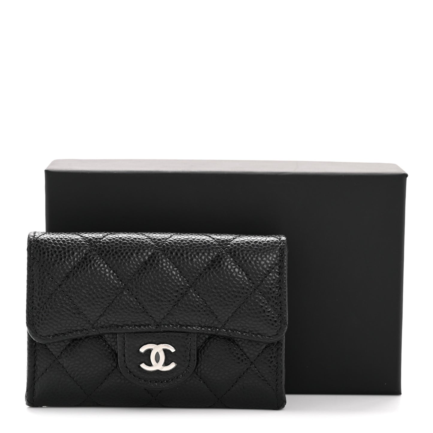 Caviar Quilted Flap Card Holder Wallet Black