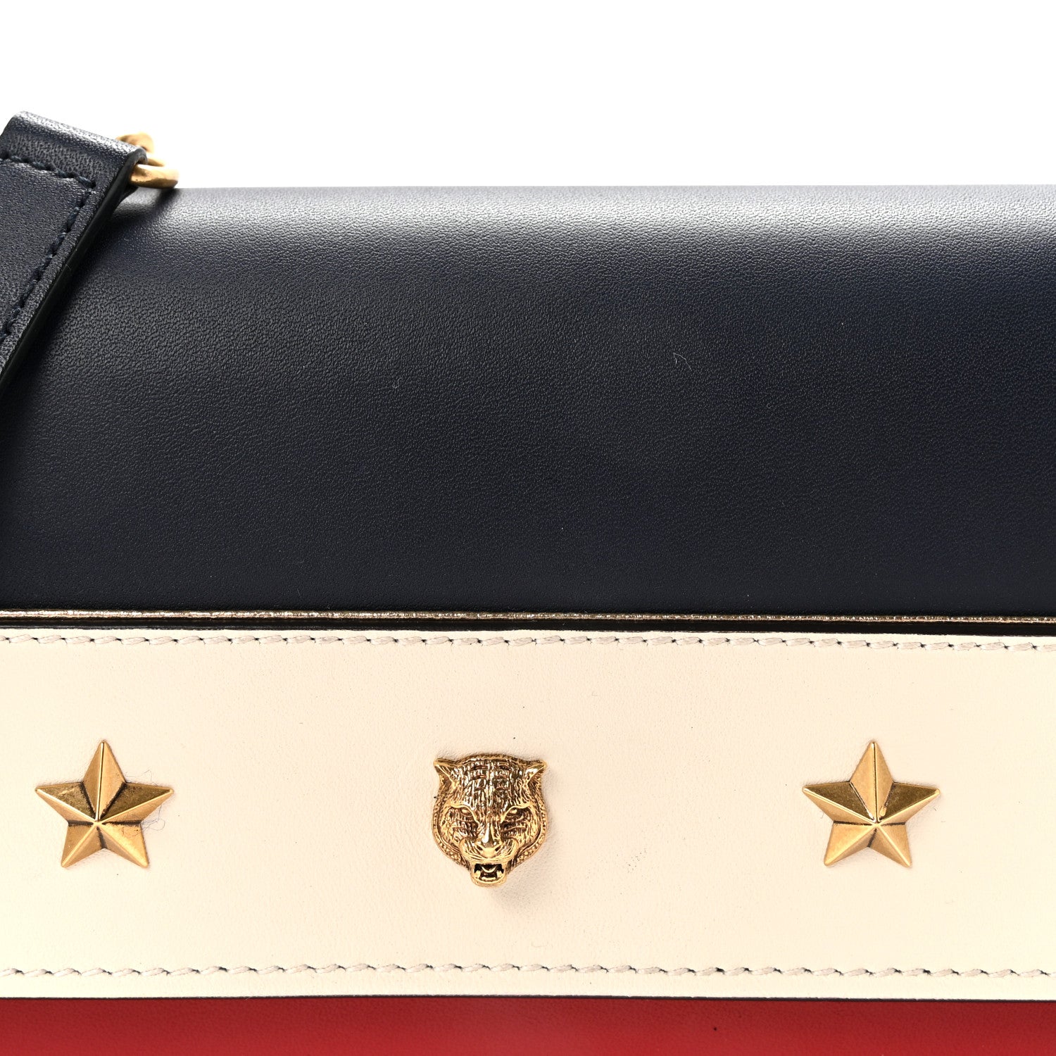 Gucci Calfskin Tiger Studded Chain Wallet Blue Agata Hibiscus Red