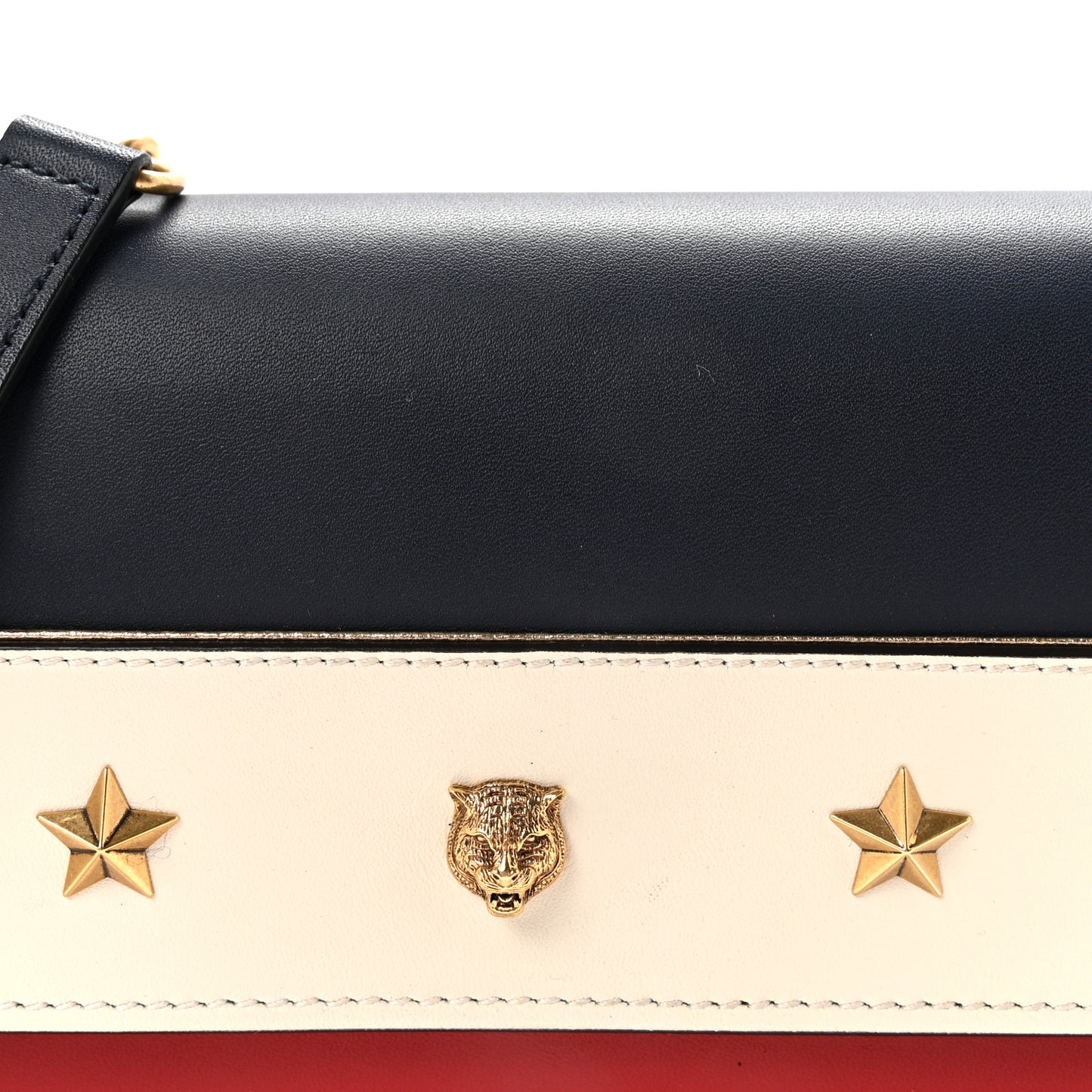 Calfskin Tiger Studded Chain Wallet Blue Agata Hibiscus Red Mystic White