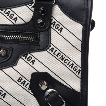 Balenciaga Canvas Satin Calfskin Diagonal Allover Logo Print Classic Silver Hardware Mini City Natural Black 10 of 10