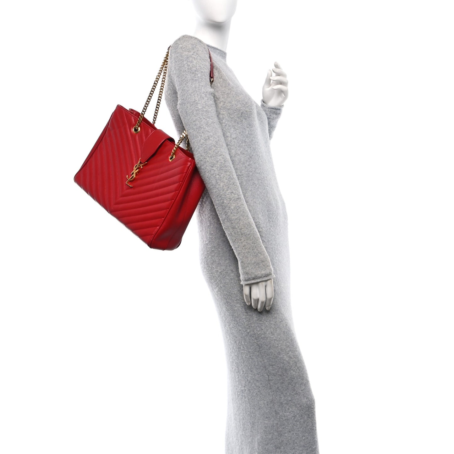 Grain De Poudre Matelasse Chevron Large Monogram Shopping Bag Red