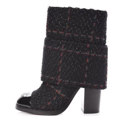 Chanel Tweed Patent CC Cap Toe Fold Over Boots 38 Black 1 of 9