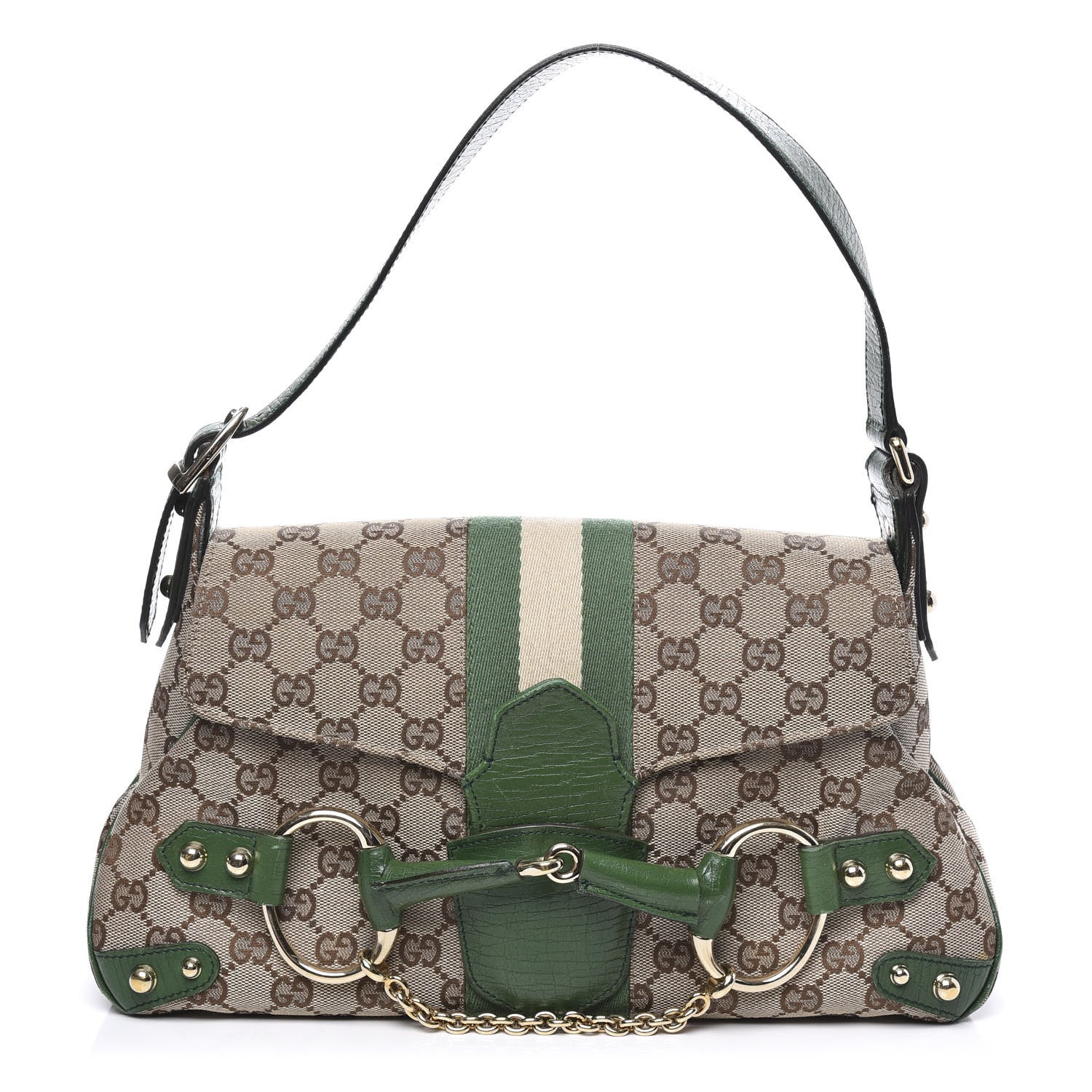 Gucci Monogram Horsebit Web Flap Bag Green 1 of 13