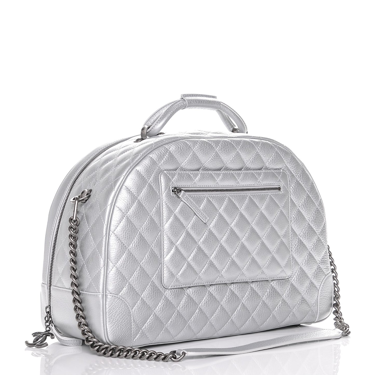 Metallic Calfskin Quilted Large Airlines Round Trip Bowling Bag Silver