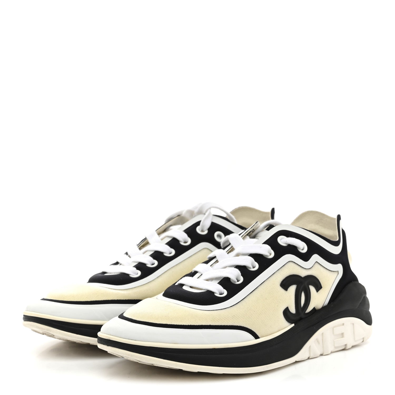 Chanel Lycra Womens CC Sneakers 37 White Black 4 of 10