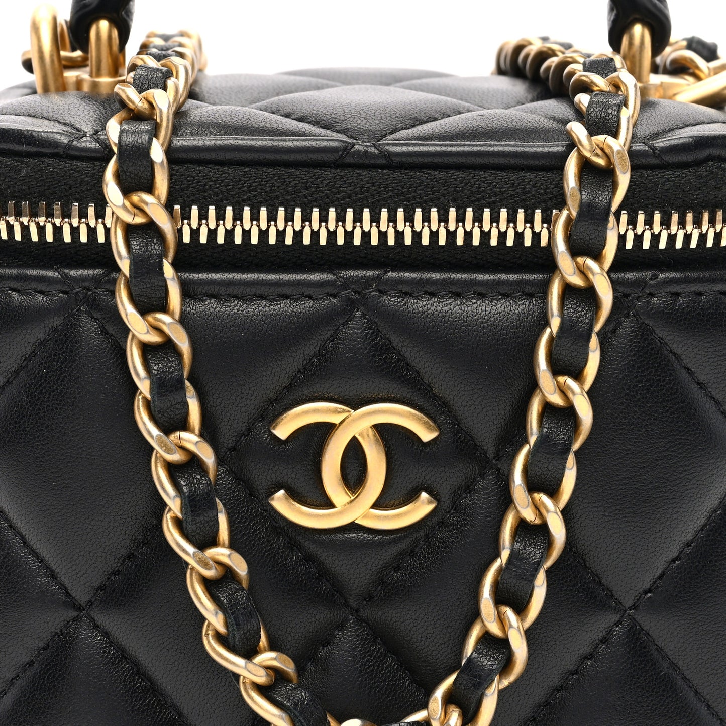 Lambskin Quilted Metal Mini Top Handle Vanity Case With Chain Black