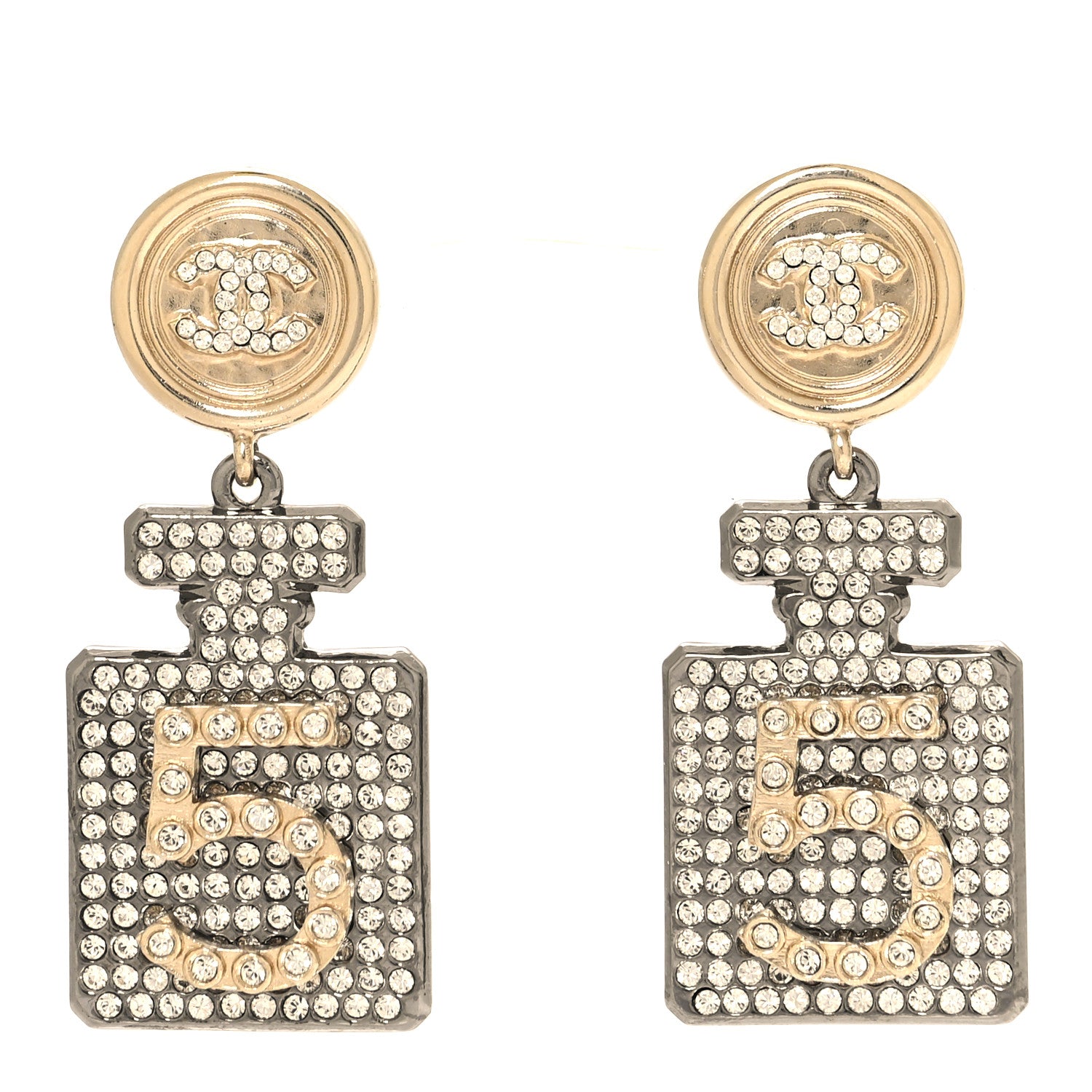 Chanel Crystal CC No 5 Perfume Bottle Drop Earrings Gold Silver 1 of 4